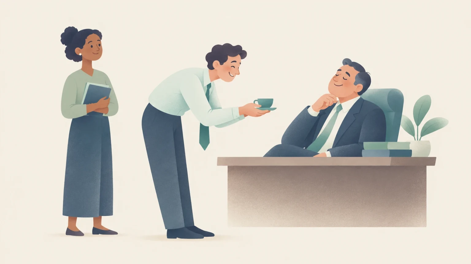 An editorial illustration of an overly eager employee bowing to offer tea to a pleased manager seated at his desk, while a colleague watches.