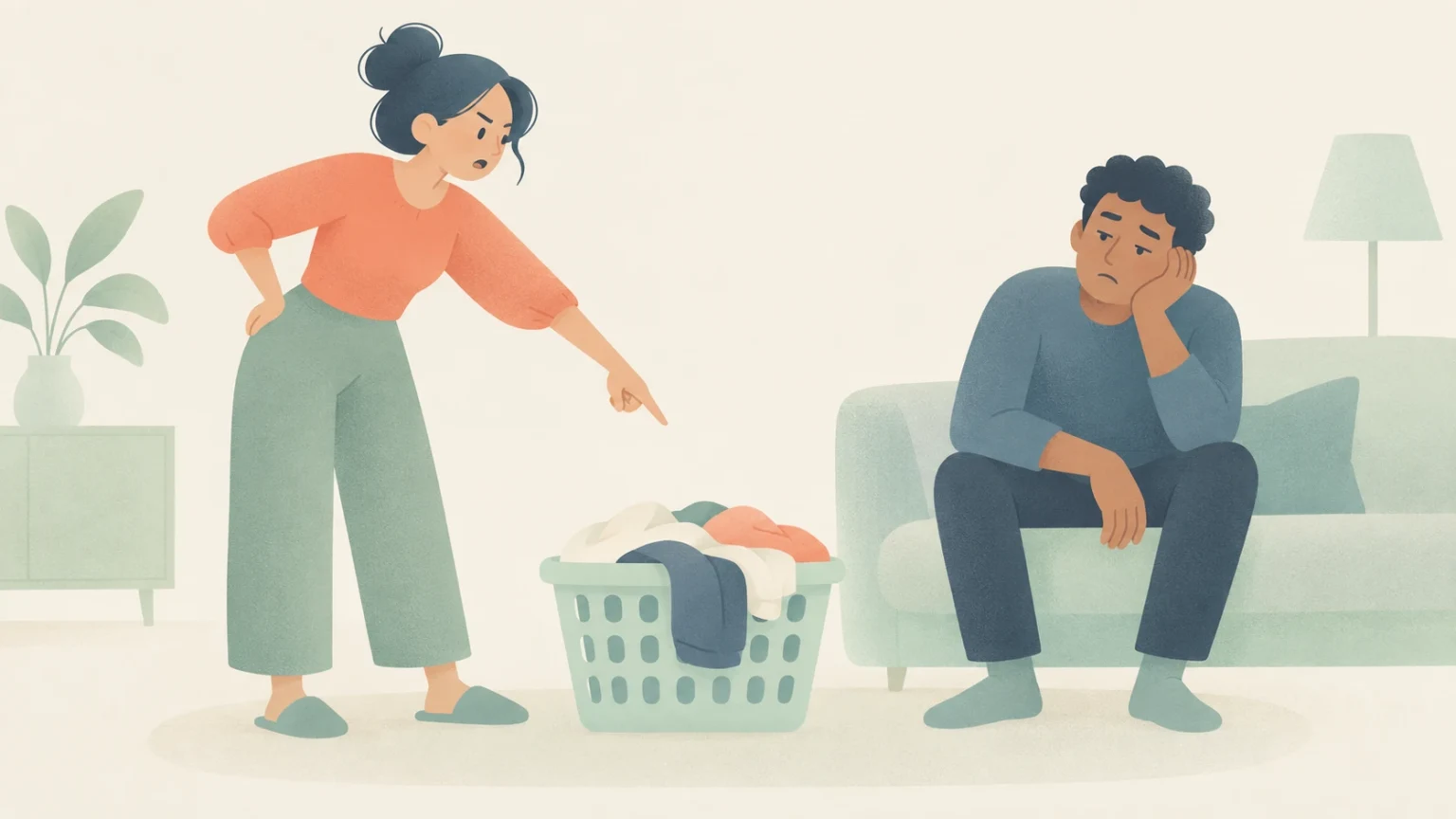 A woman with a stern expression points at a full laundry basket while a weary-looking man sits on a sofa with his head resting on one hand.