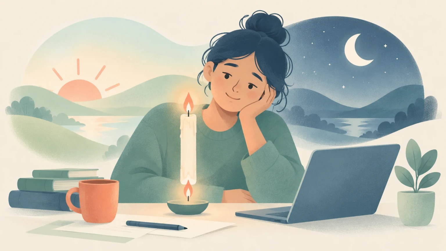 An editorial illustration of a person at a desk with a candle burning at both ends, set against a split background of sunrise and a starry night.