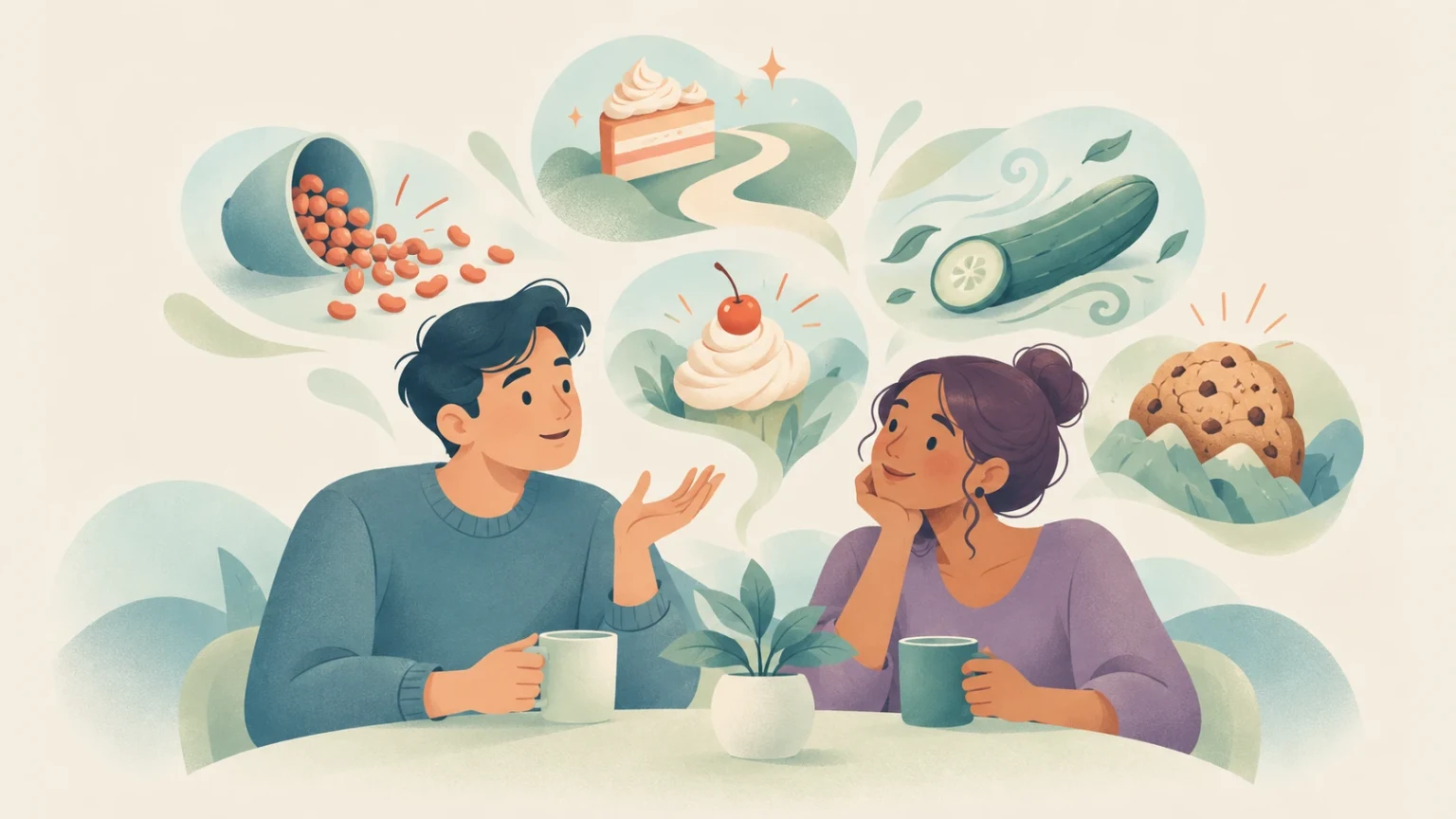 A man and woman sit at a table conversing, surrounded by thought bubbles illustrating five food idioms: spilled beans, a piece of cake, a cool cucumber, a cherry on top, and a cookie.