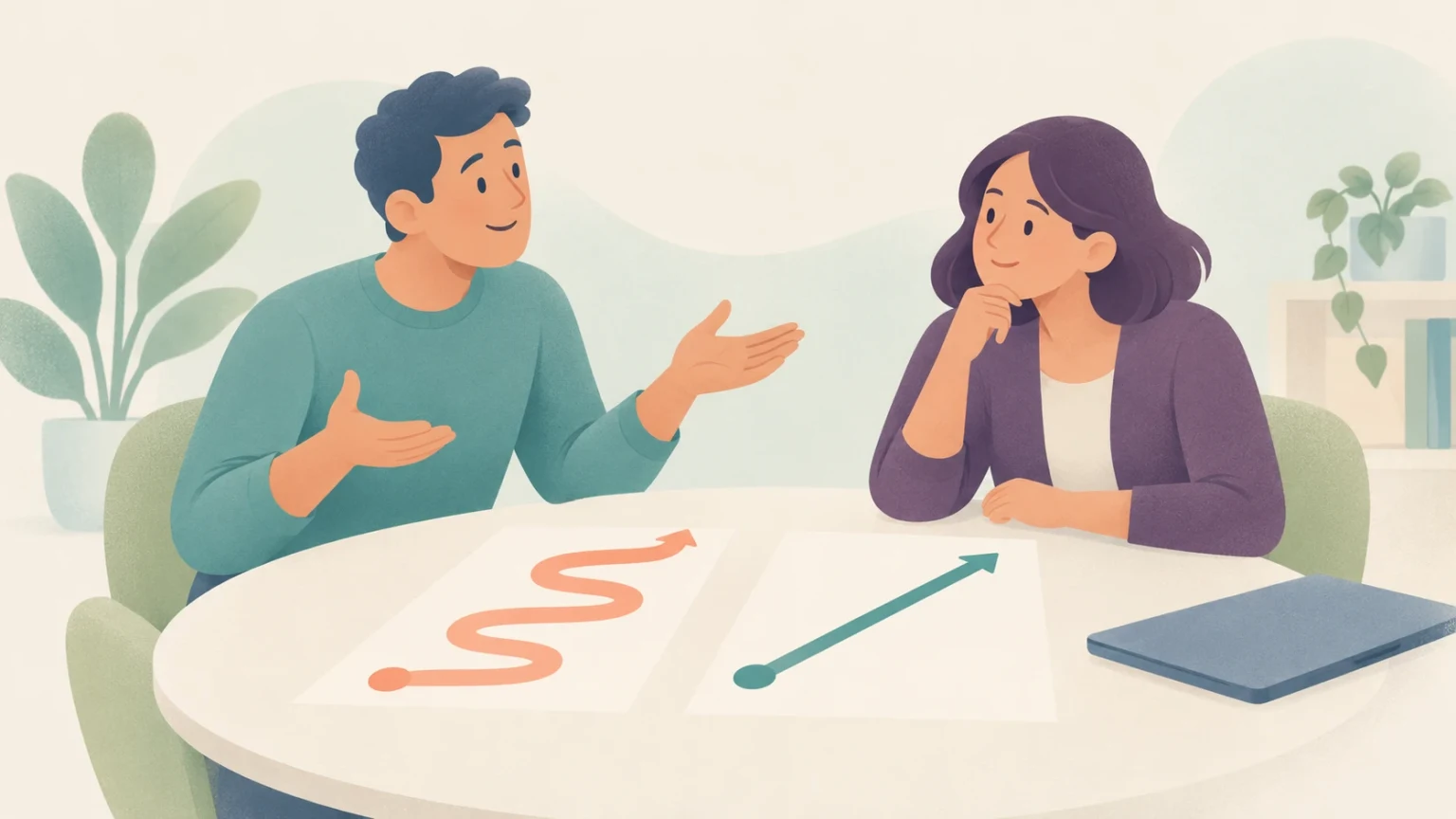 Two colleagues in a workplace discussion at a table comparing diagrams of a winding path and a direct straight arrow.