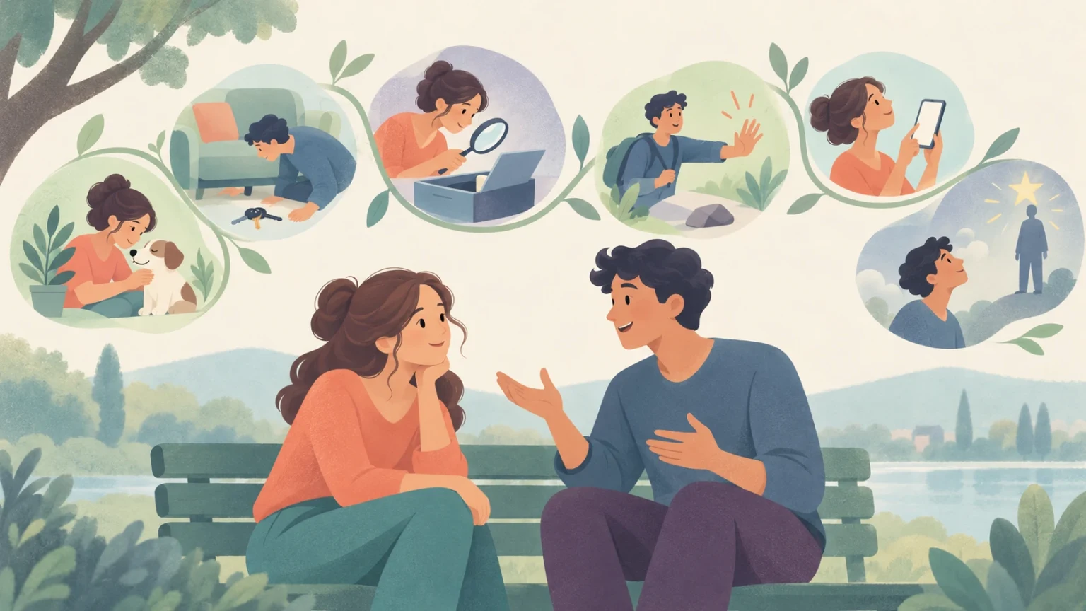 A man and woman talk on a park bench beneath vignettes showing actions like caring for a dog, searching for keys, investigating, warning, checking a phone, and admiring a role model.