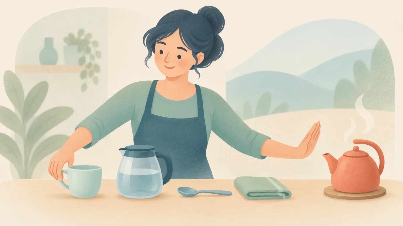 A woman in an apron gestures caution with an open palm beside a steaming kettle and tea supplies.
