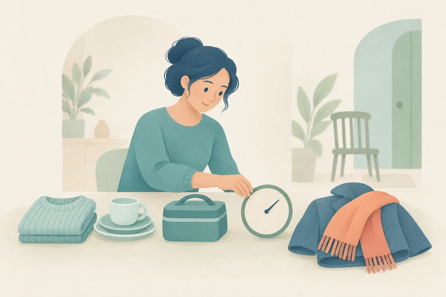 Illustration of a woman at a table reaching for a clock next to folded clothes, a cup and saucer, a lunch case, and a coat with a scarf.