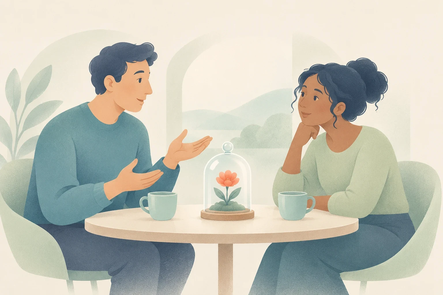 An editorial illustration of a man and woman having a thoughtful conversation at a table with mugs and a flower under a glass dome.