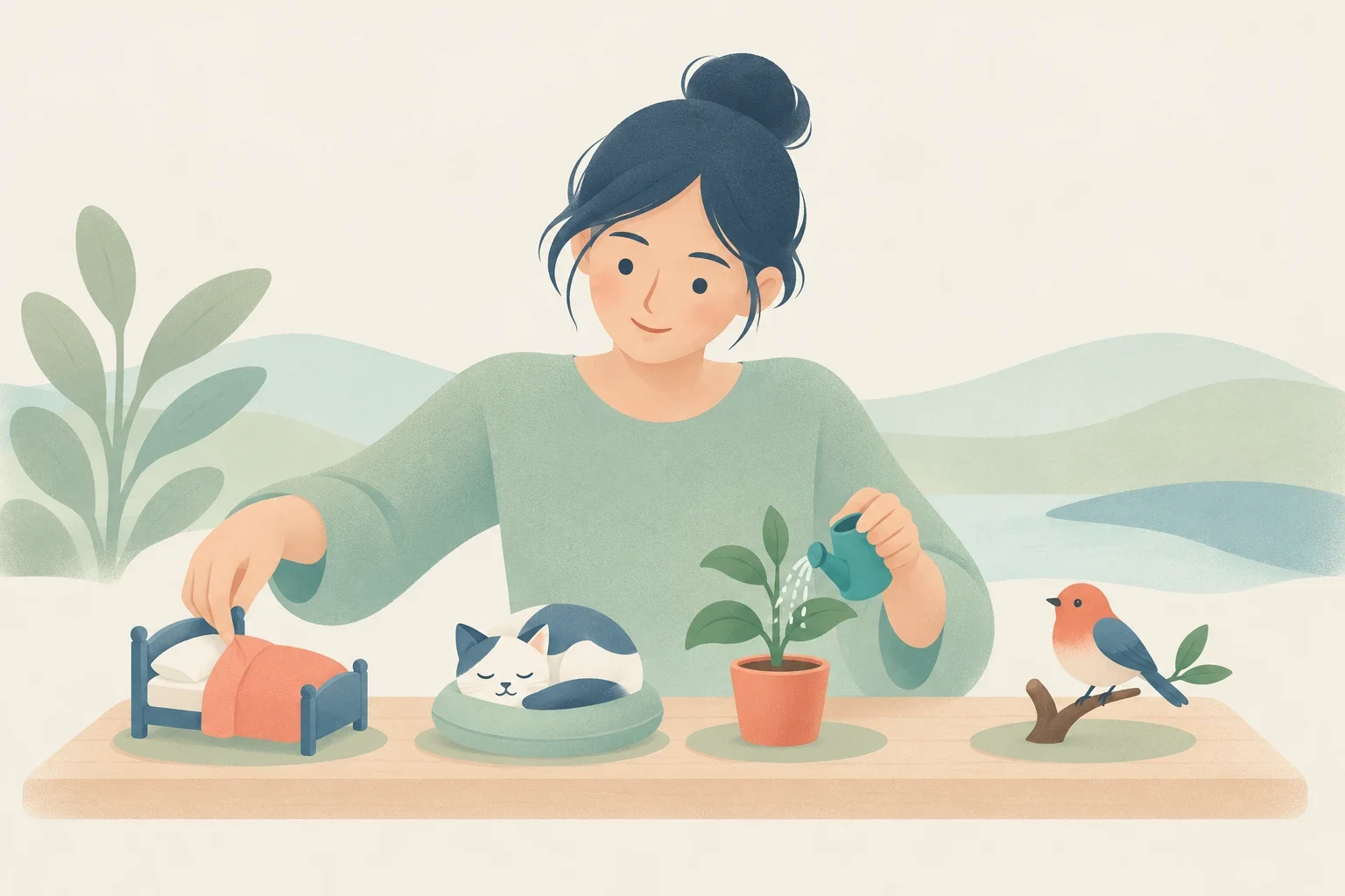 An editorial illustration of a woman with a miniature bed, a sleeping cat on a cushion, a watered potted plant, and a small bird.