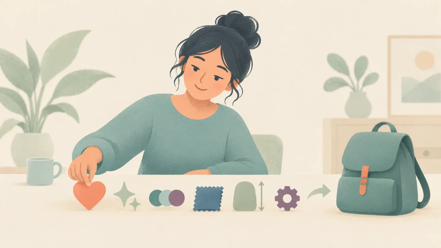 A woman at a desk arranges trait icons representing the order of adjectives leading to a backpack.