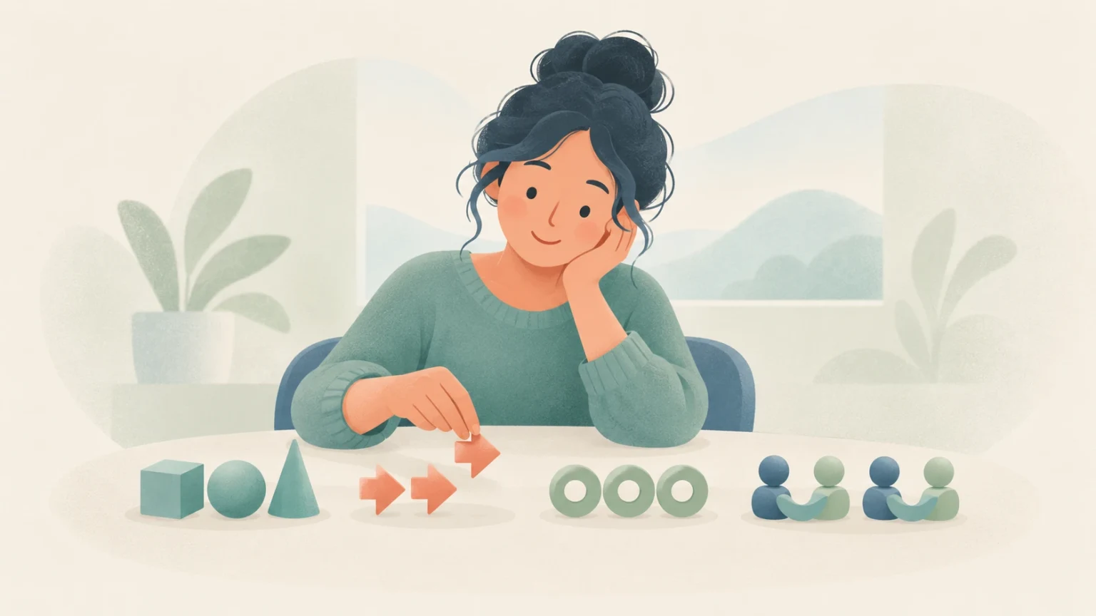 An editorial illustration of a woman sitting at a table thoughtfully arranging colorful geometric shapes and symbols into pattern groups.
