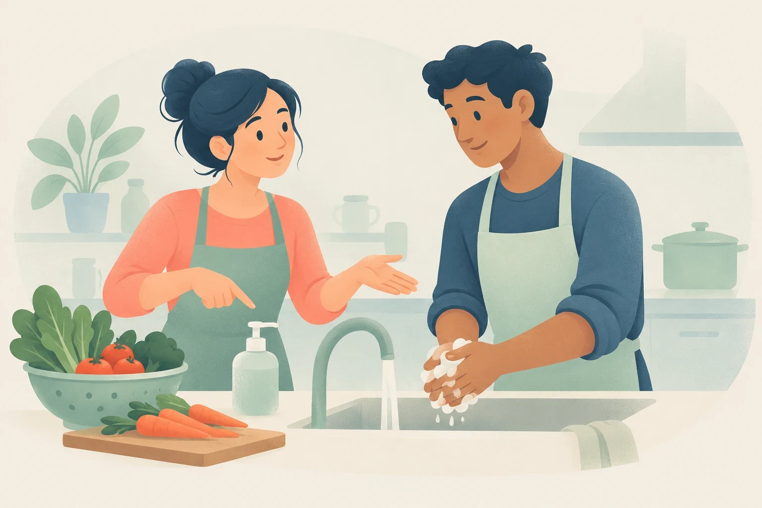 An editorial illustration of a woman in an apron pointing toward a soap dispenser while a man washes his hands at a kitchen sink near fresh vegetables.