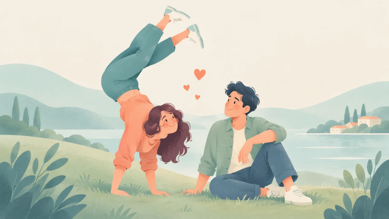 Editorial illustration of a young woman doing a handstand on a grassy hill next to a seated young man, with hearts floating between them against a scenic lake backdrop.