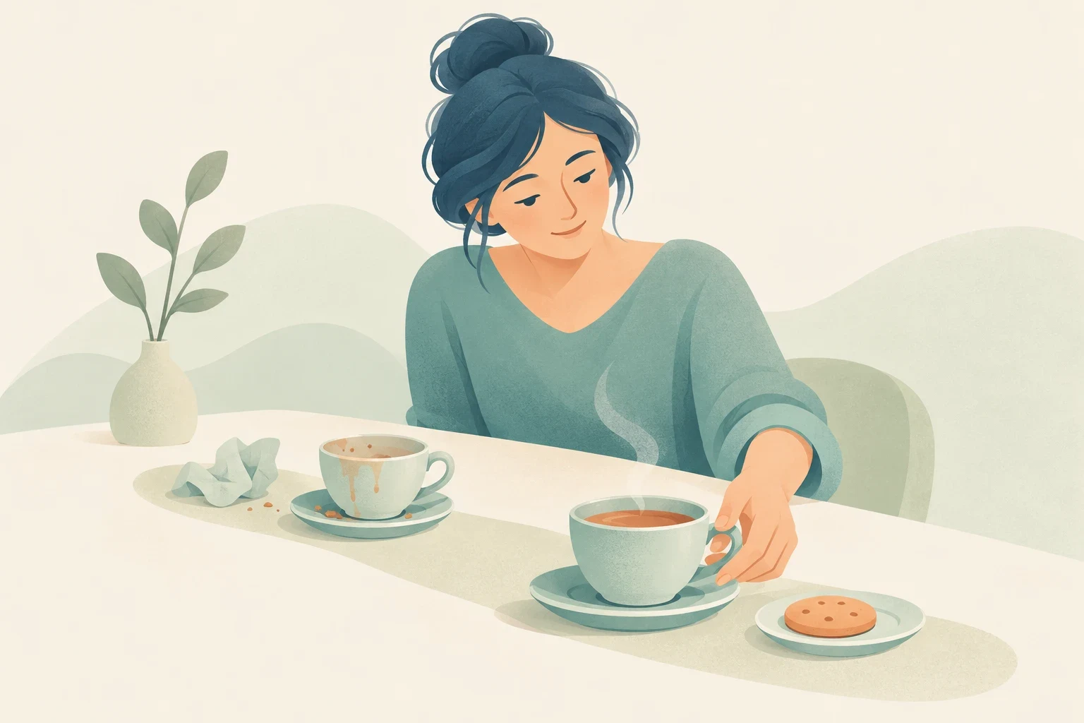 A woman sits at a table reaching for a warm cup of tea beside an empty cup and a cookie.