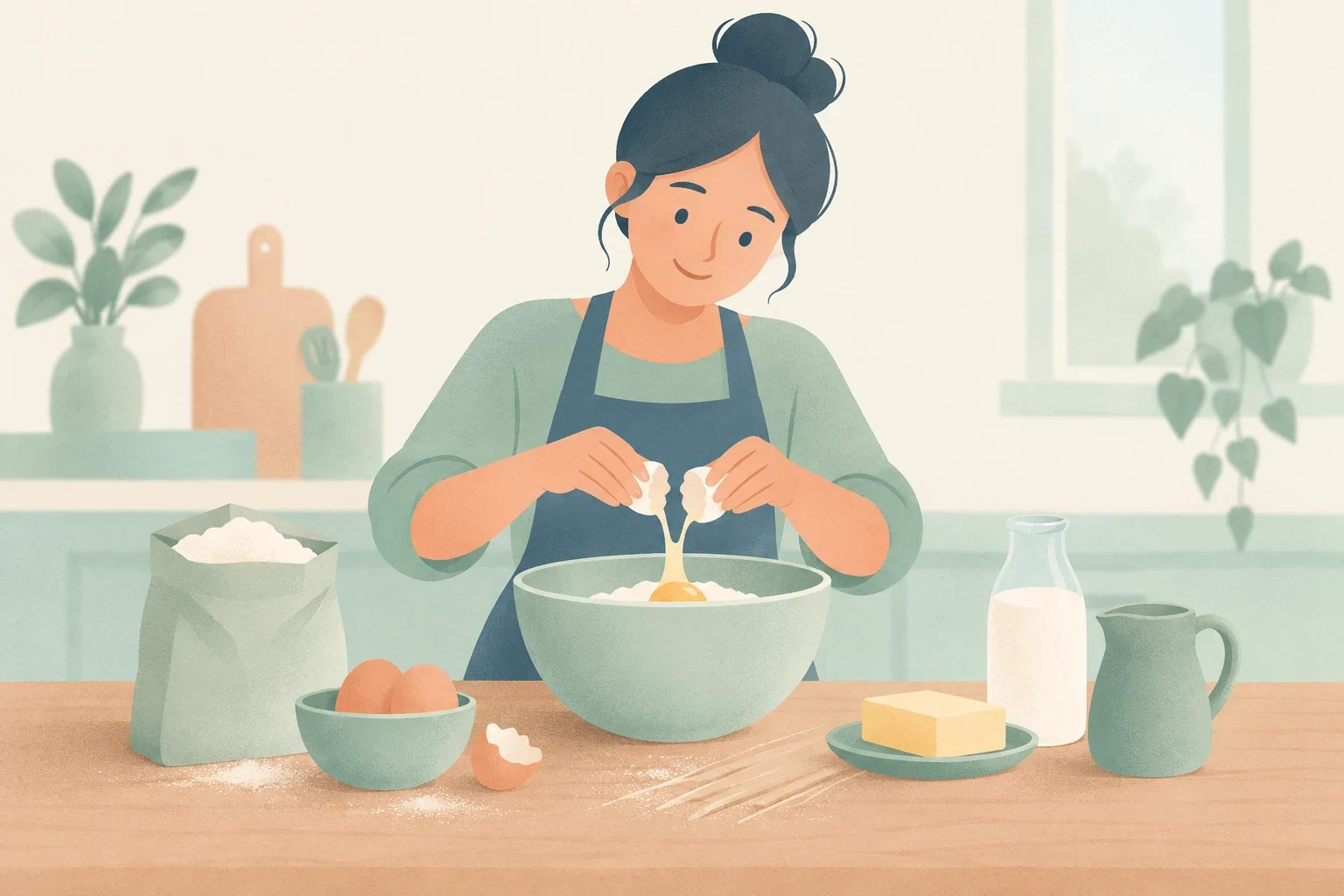 An editorial illustration of a woman in an apron cracking an egg into a bowl of flour while preparing dough from scratch on a kitchen counter.