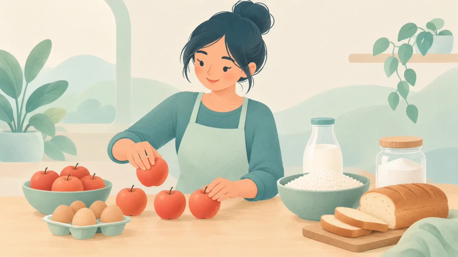 An editorial illustration of a woman in an apron arranging apples on a kitchen counter near eggs, milk, a bowl of rice, and a loaf of bread.