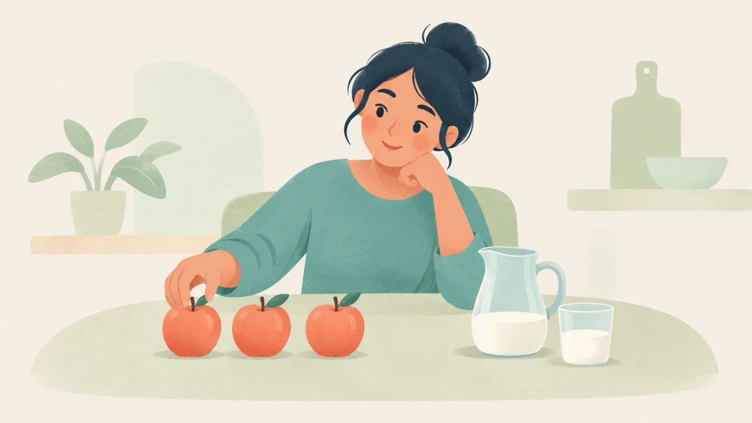 An editorial illustration of a woman seated at a table with three red apples and a small pitcher of milk.