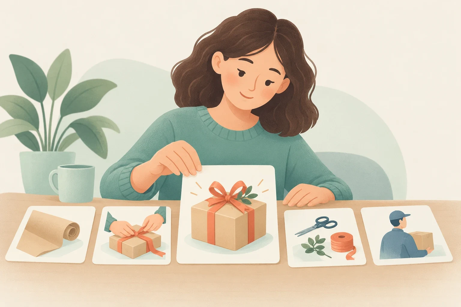 An editorial illustration of a woman at a desk arranging illustrated sequence cards depicting steps of wrapping a gift and delivering it.
