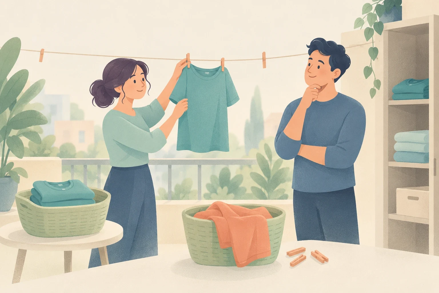 A woman hangs clean laundry on a clothesline on a balcony while a man stands nearby watching thoughtfully, with laundry baskets and folded clothing.