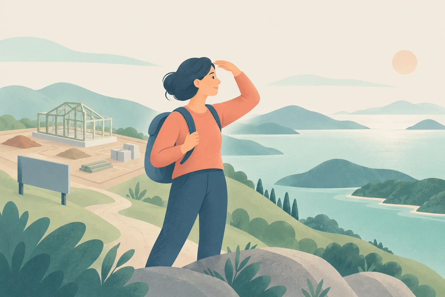An illustration of a hiker on a hill shielding her eyes to view a coastal landscape near a building construction site.