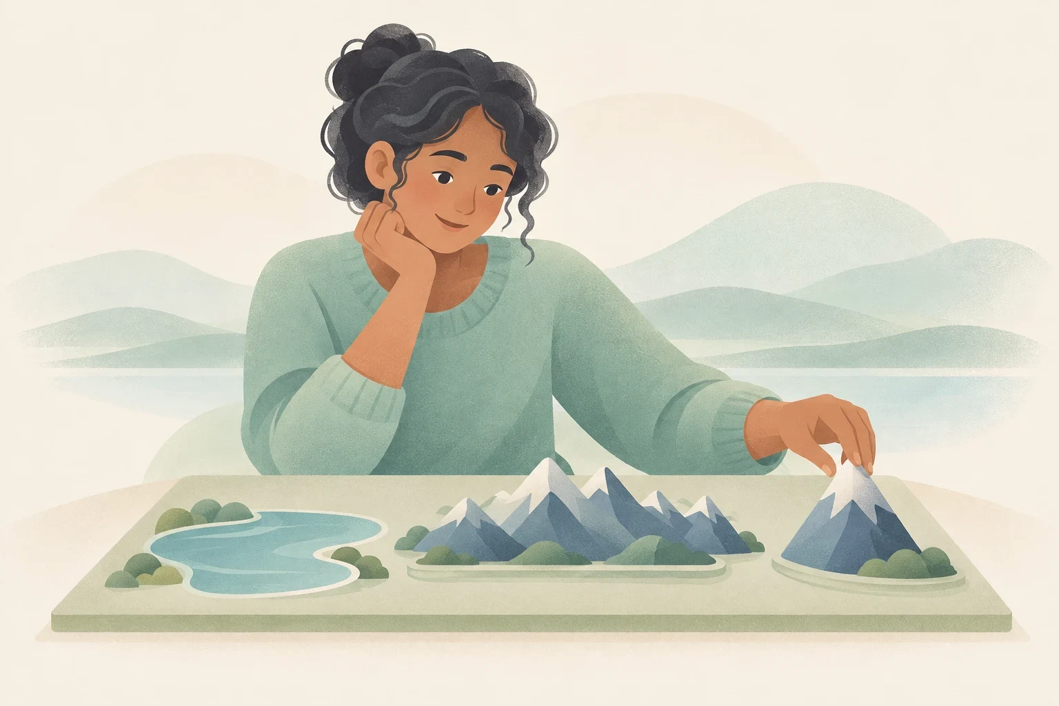An editorial illustration of a woman looking at tabletop models of a lake, a mountain range, and a single peak.
