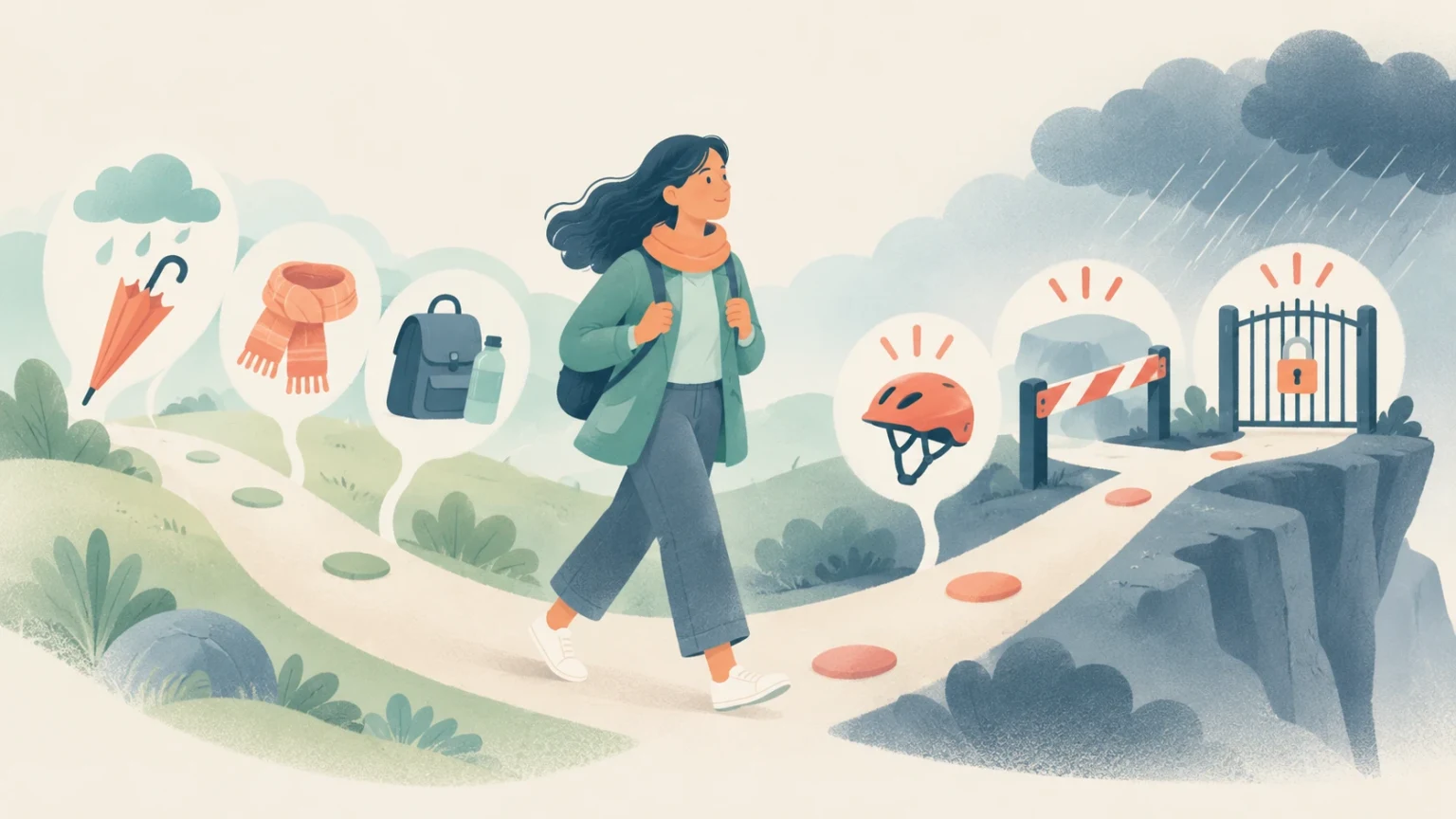 A traveler walks along a fork in the road, contrasting advice icons on a calm path with mandatory safety gear and barriers on a stormy cliff path.