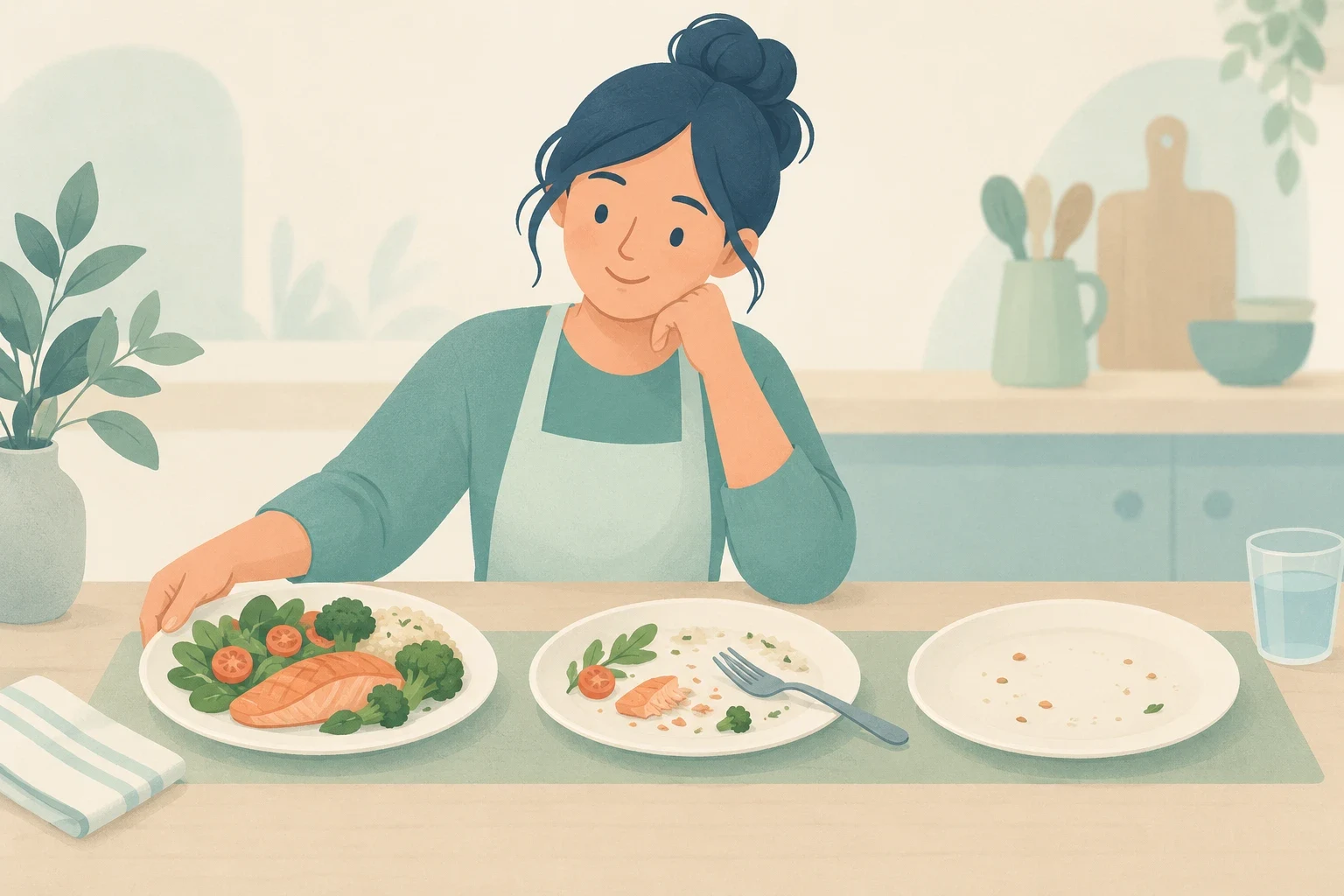 An editorial illustration of a woman at a table with three plates showing a meal before eating, half-eaten, and completely finished.