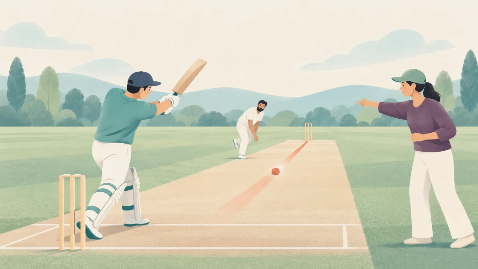 An editorial illustration of a cricket batter driving the ball straight down the pitch corridor past the bowler toward the opposite stumps.