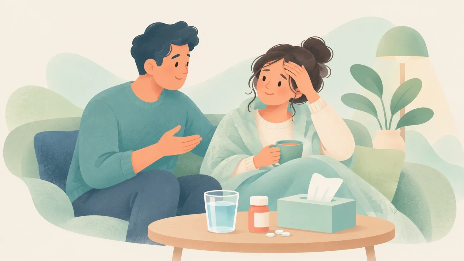 An editorial illustration of a man talking with a woman resting on a couch wrapped in a blanket, with medicine and tissues on the table.