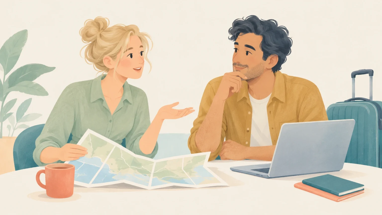A woman and a man sit at a table planning a trip with an open map, a laptop, and a suitcase nearby.