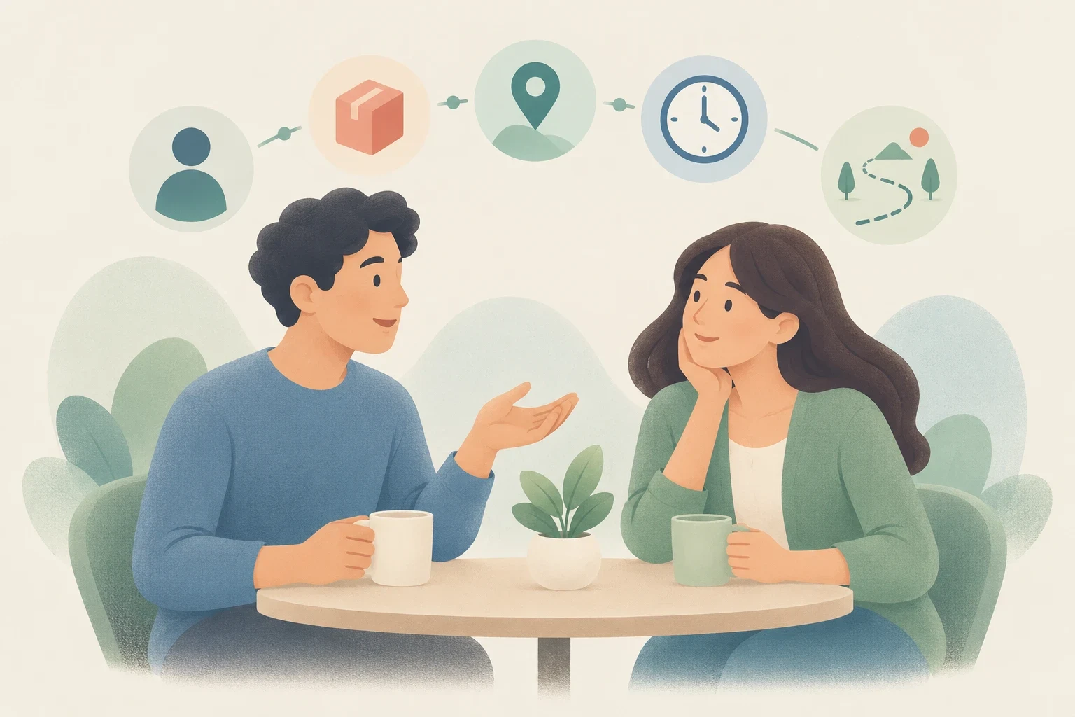 An editorial illustration of a man and a woman conversing at a cafe table beneath icons depicting a person, box, map pin, clock, and path.