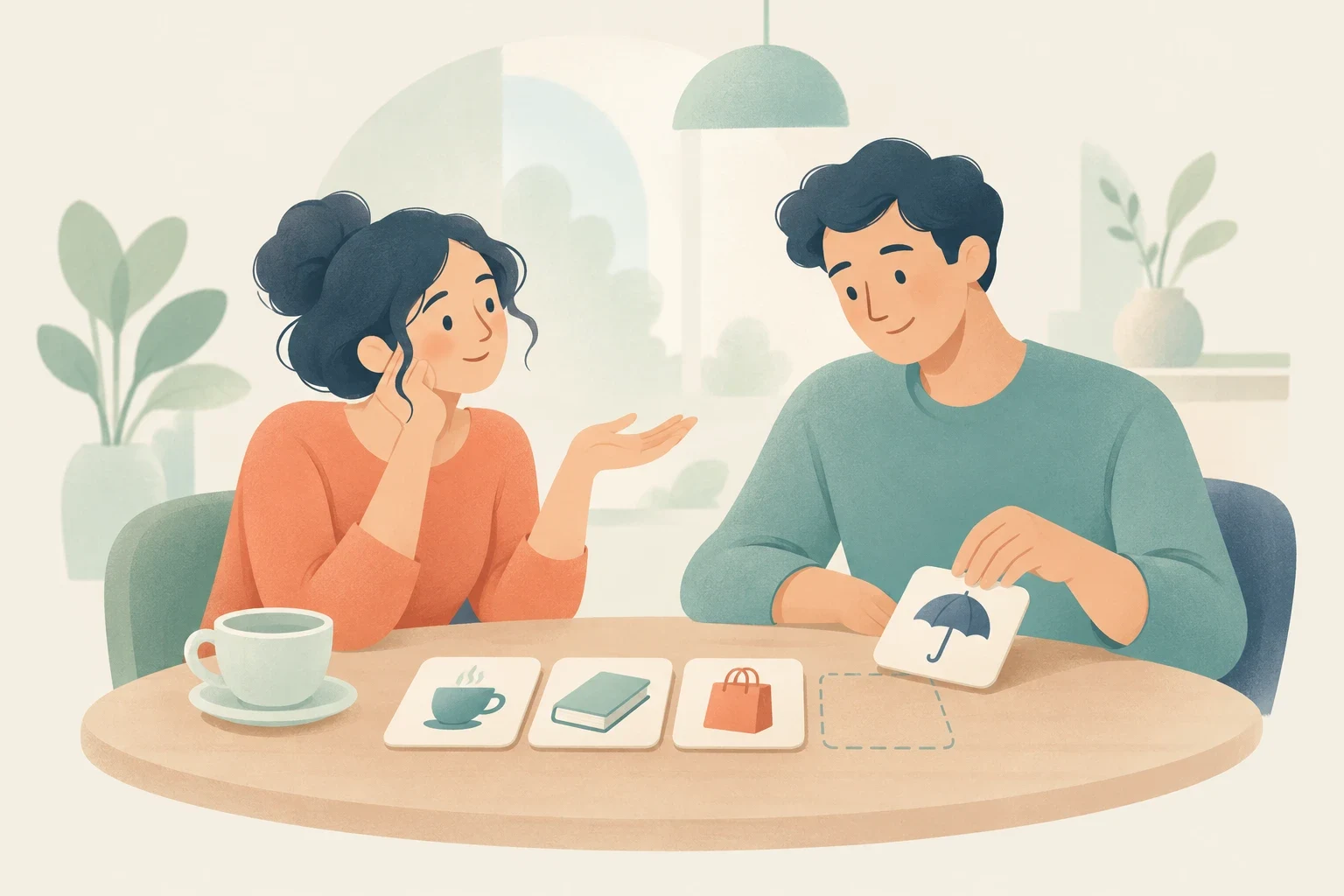 A woman and a man sit at a round table practicing language with cards depicting a cup of coffee, a book, a shopping bag, and an umbrella.