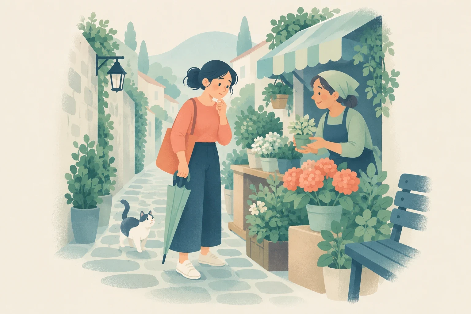A woman holding an umbrella pauses on a narrow cobblestone street to look at potted flowers presented by a florist outside a shop.