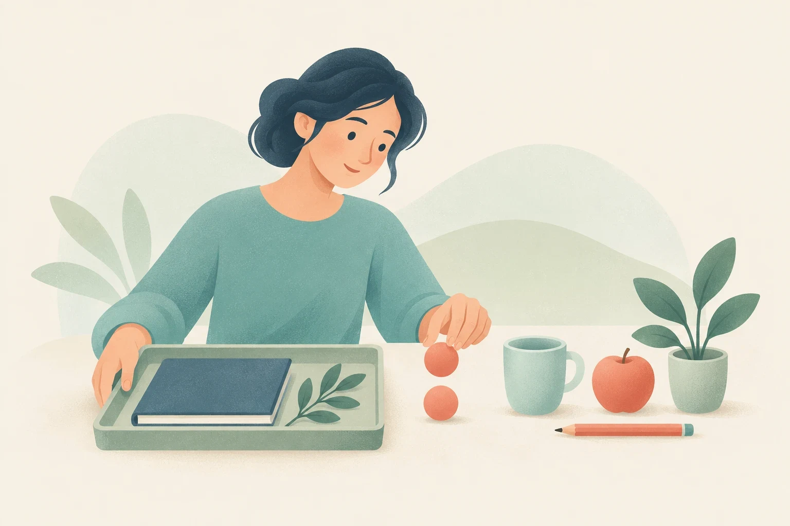 An editorial illustration of a woman arranging two spheres like a colon on a table, introducing a sequence of a mug, apple, plant, and pencil.