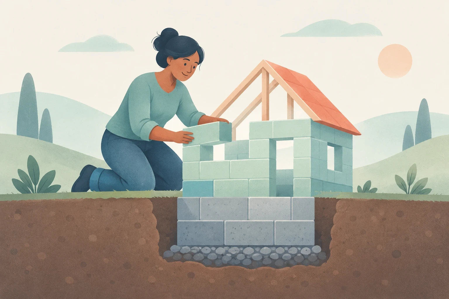 A woman builds a small block house above an exposed underground foundation, illustrating construction from the ground up.