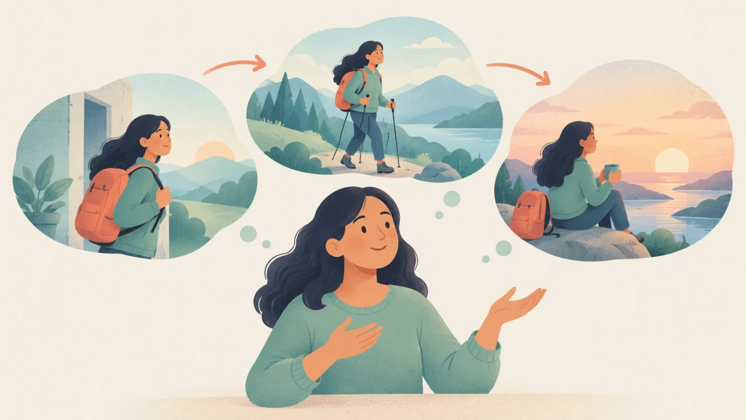 A woman gestures as she narrates a trip, illustrated above in three sequential panels: departing at sunrise, hiking a mountain trail, and enjoying the sunset.