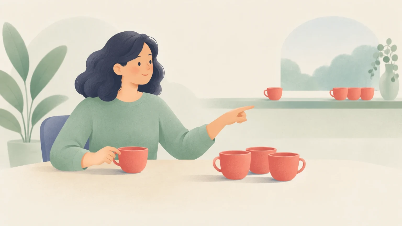 An illustration of a woman seated at a table with one cup near her and three cups nearby, pointing toward a single cup and three cups on a distant windowsill.