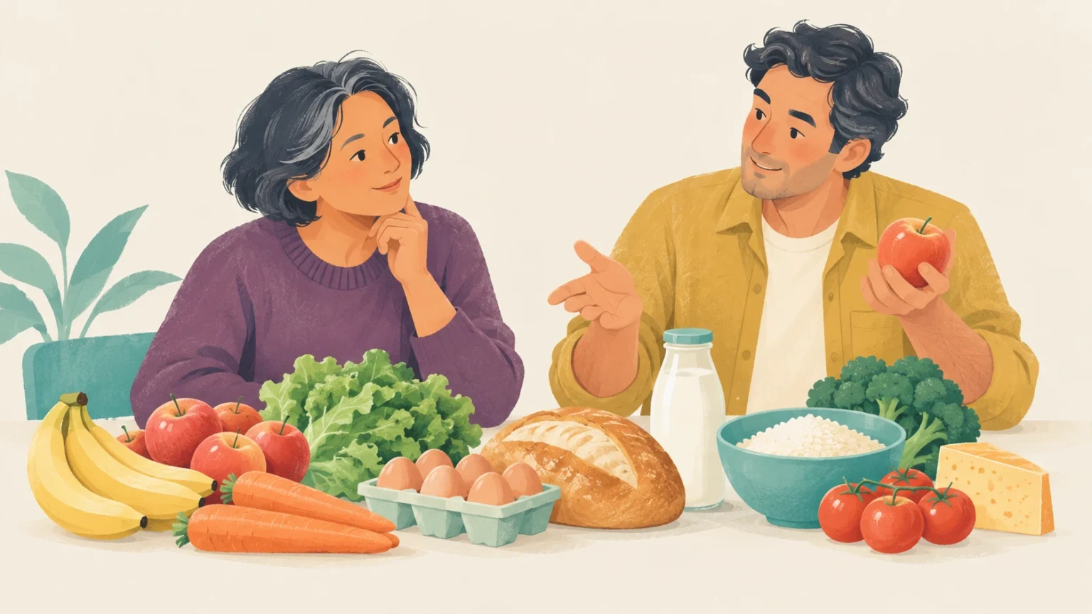 A man and a woman sit at a table with an assortment of countable and uncountable foods, including apples, eggs, bread, and milk.