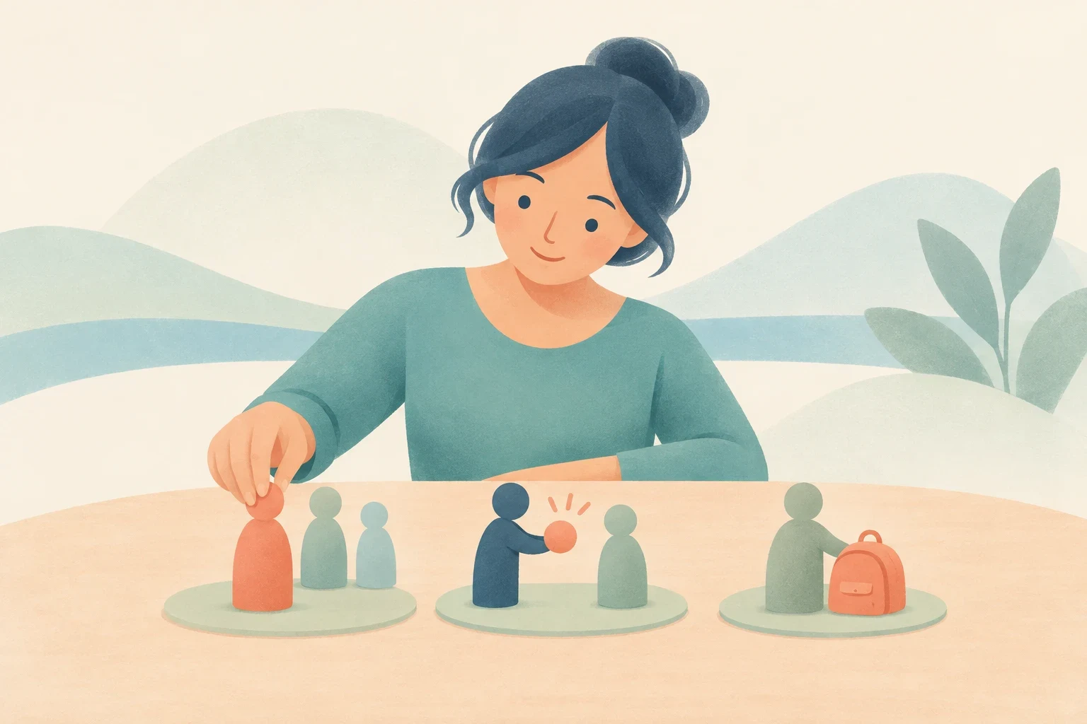An editorial illustration of a woman at a table demonstrating personal pronoun roles with figurines that depict who acts, who receives an object, and who owns a backpack.