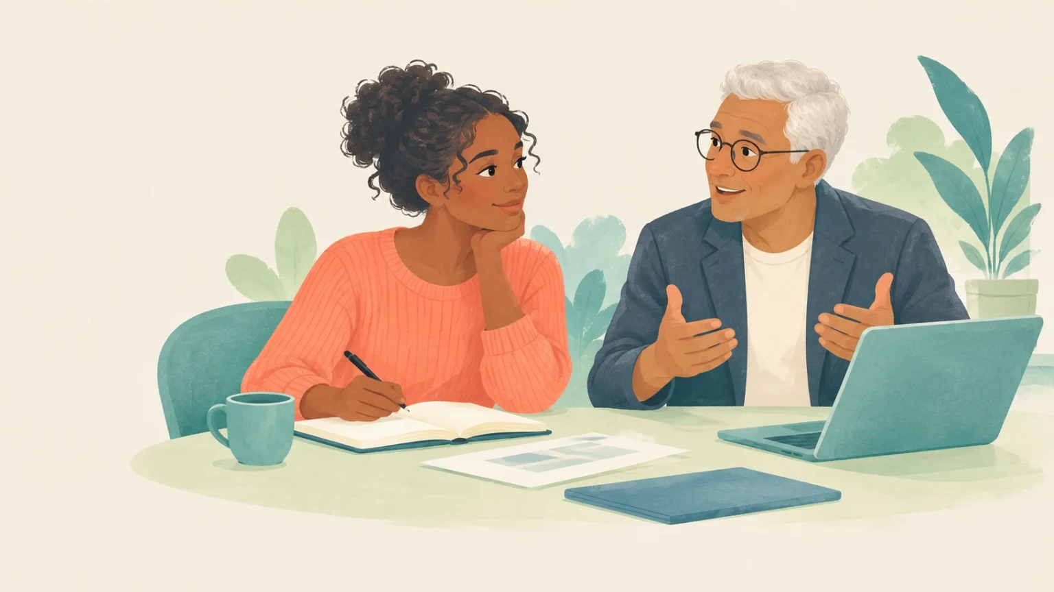 An editorial illustration of an older man speaking and gesturing while a young woman takes notes at a desk with a laptop and coffee mug.