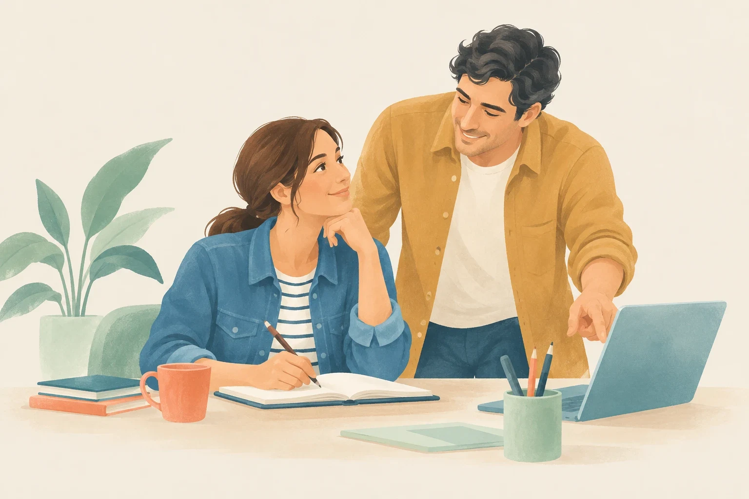 An editorial illustration of a man pointing at a laptop while assisting a smiling woman writing in a notebook at a desk.