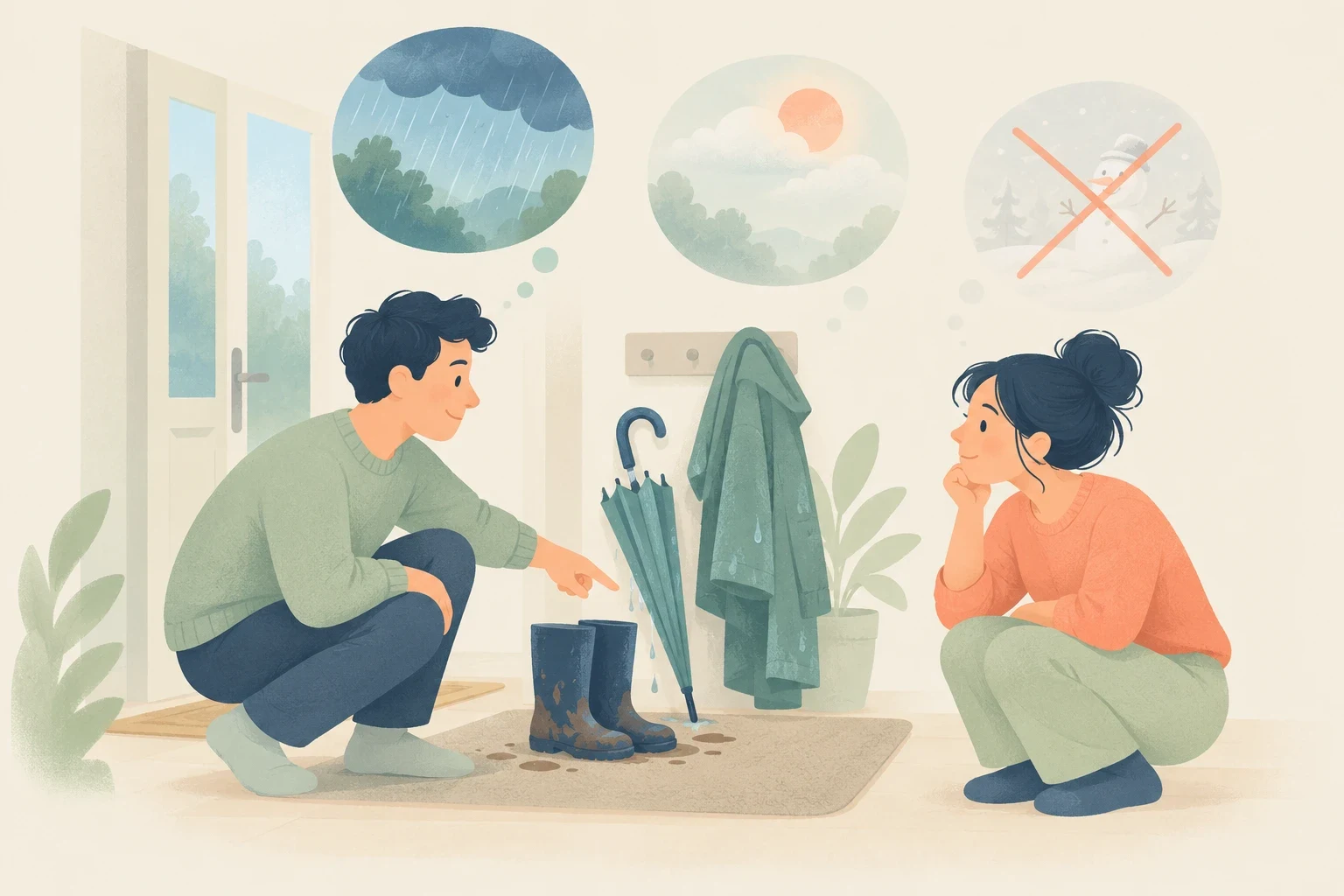 A man and woman crouch in an entryway examining muddy boots and a wet umbrella, with thought bubbles above showing rain, sun, and a crossed-out snowman.