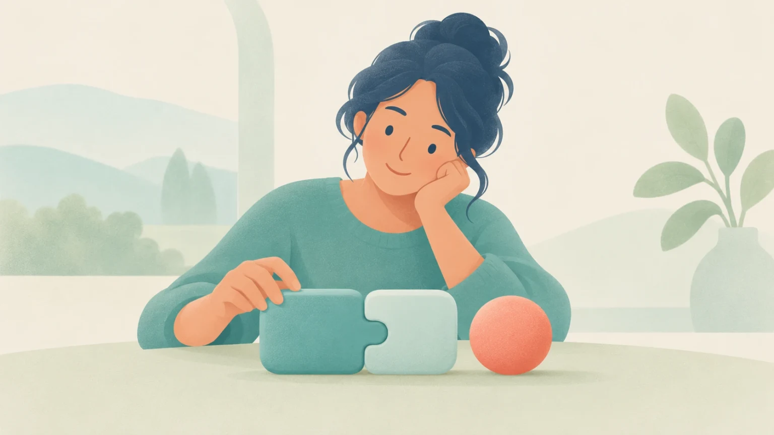An editorial illustration of a woman connecting two interlocking puzzle blocks on a table next to an orange sphere.