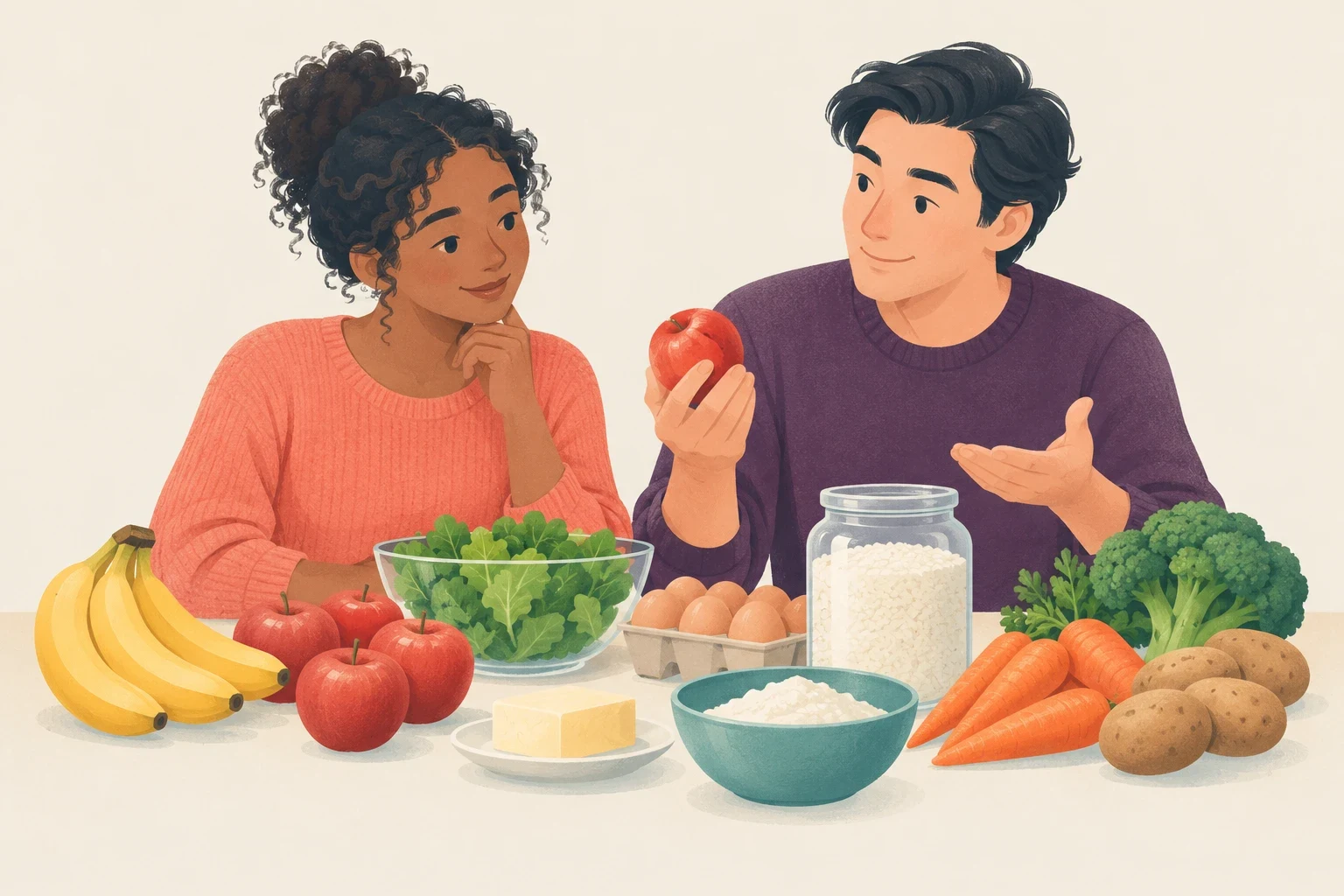 A man and a woman sit at a table with countable and uncountable food items including apples, bananas, eggs, flour, and greens.