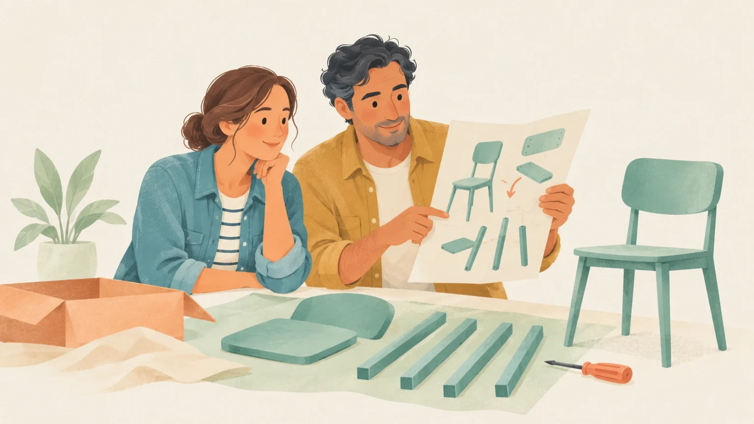 A man and a woman examine an assembly guide while putting together a wooden chair with pieces and a screwdriver on the table.
