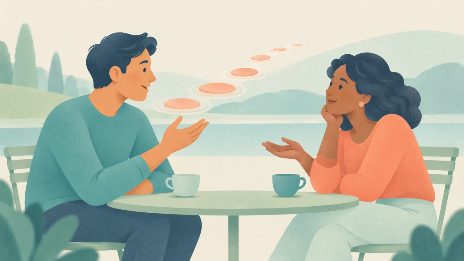 An editorial illustration of a man and woman having an engaging conversation at an outdoor cafe table with floating stepping stone discs between them.