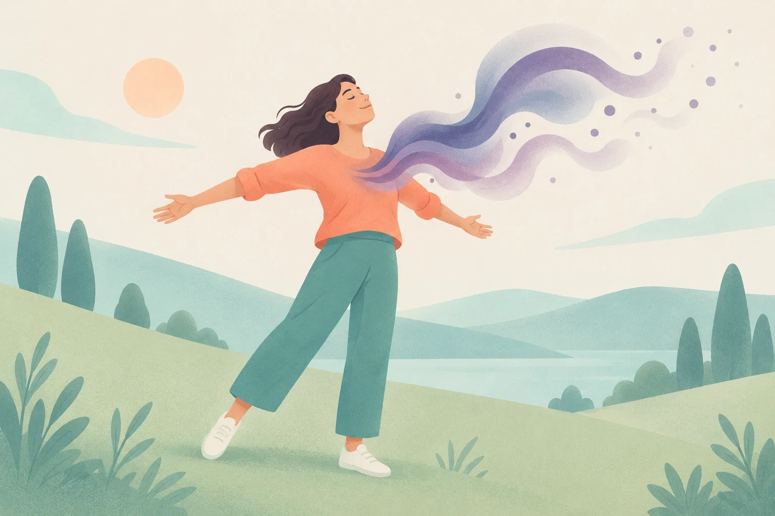 A relaxed woman spreads her arms in a pastel landscape as flowing purple ribbons drift from her chest, suggesting emotional release.