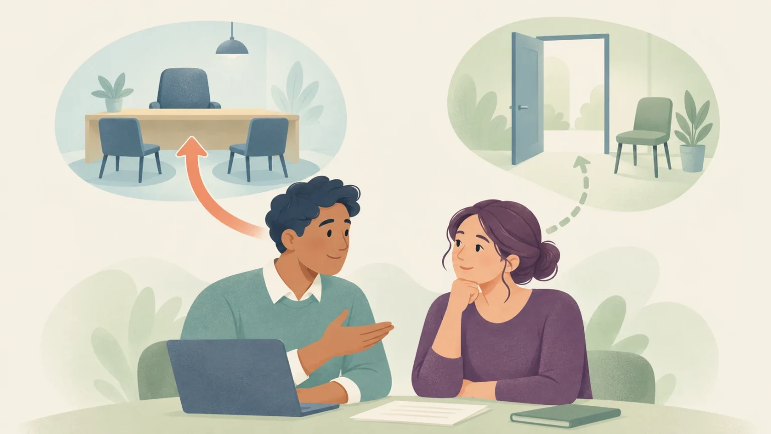 An illustration of a man and woman at a table discussing interview attendance, with two thought bubbles showing a conference room table and an open door.