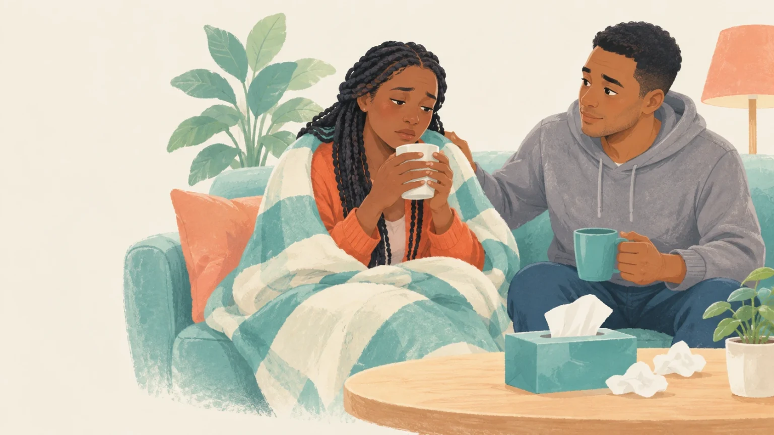 An editorial illustration of a woman wrapped in a blanket drinking from a mug on a sofa while a companion comforts her, with tissues on the coffee table.