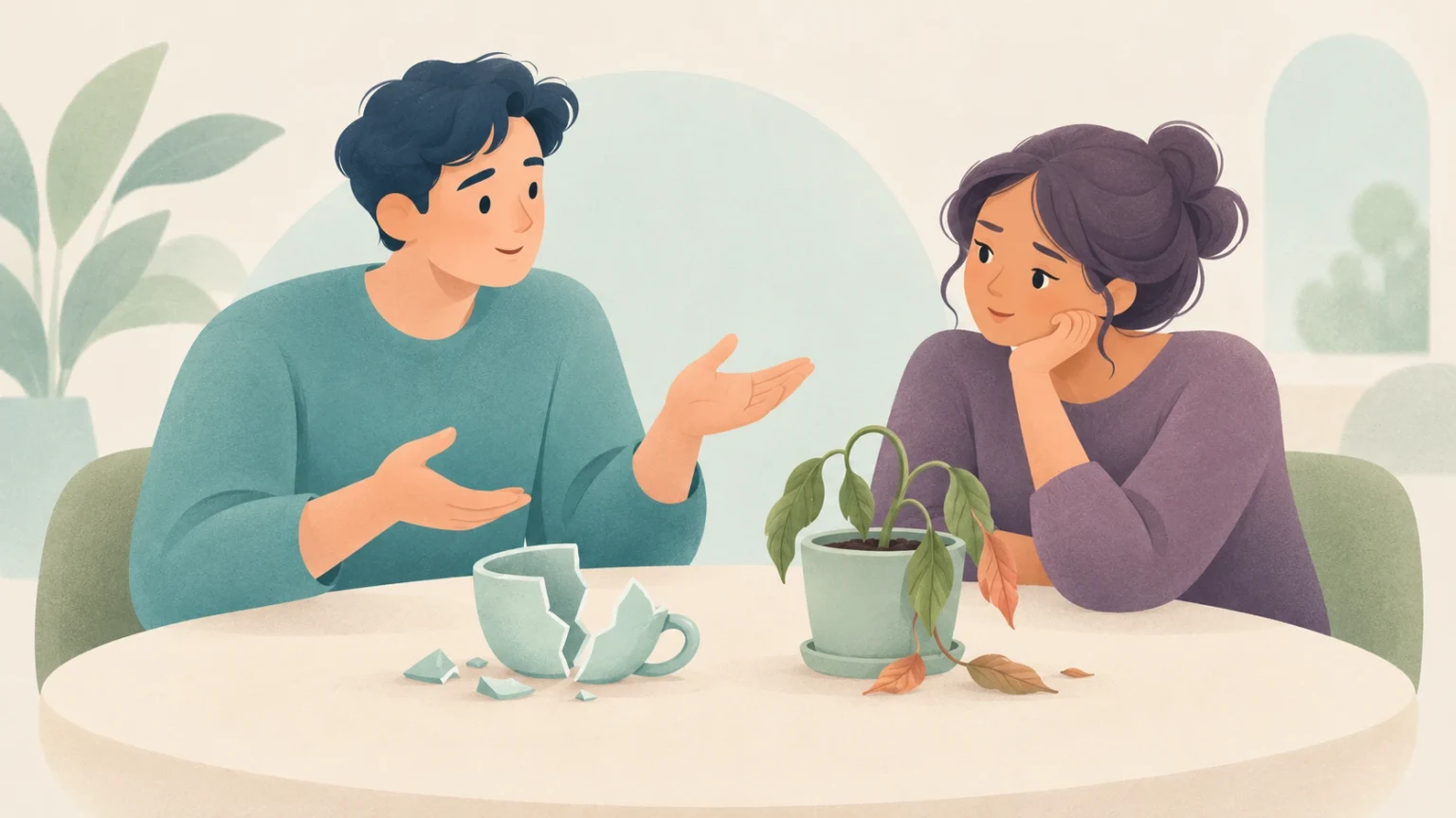 A man gesturing toward a broken mug and a woman gazing remorsefully at a wilting potted plant on a table.