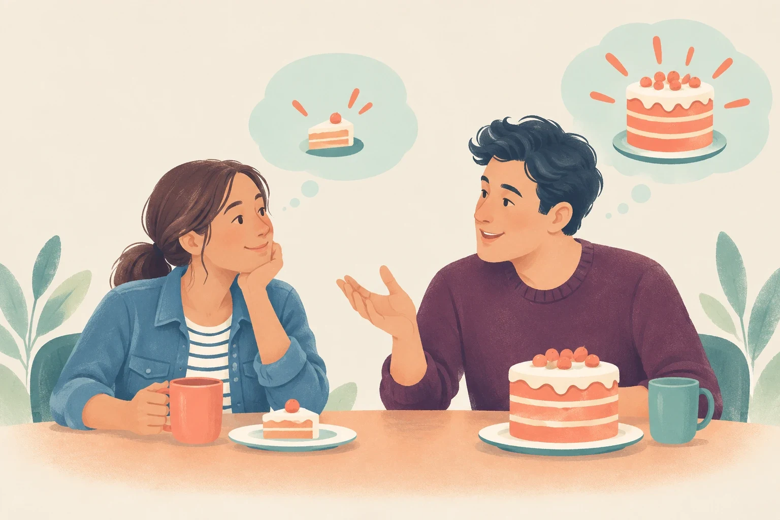 An editorial illustration of a woman with a slice of cake and a man with a whole cake at a table, discussing portions with thought bubbles.
