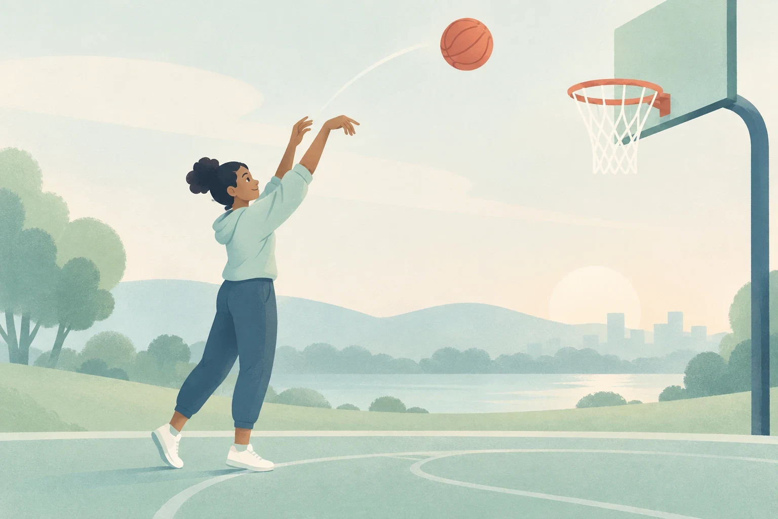 A person follows through on a basketball shot toward a hoop on an outdoor court, with trees, water, and a distant skyline at sunset.