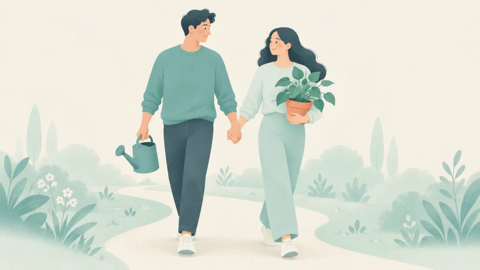 A couple walks hand in hand along a garden path, with one carrying a watering can and the other holding a potted plant.